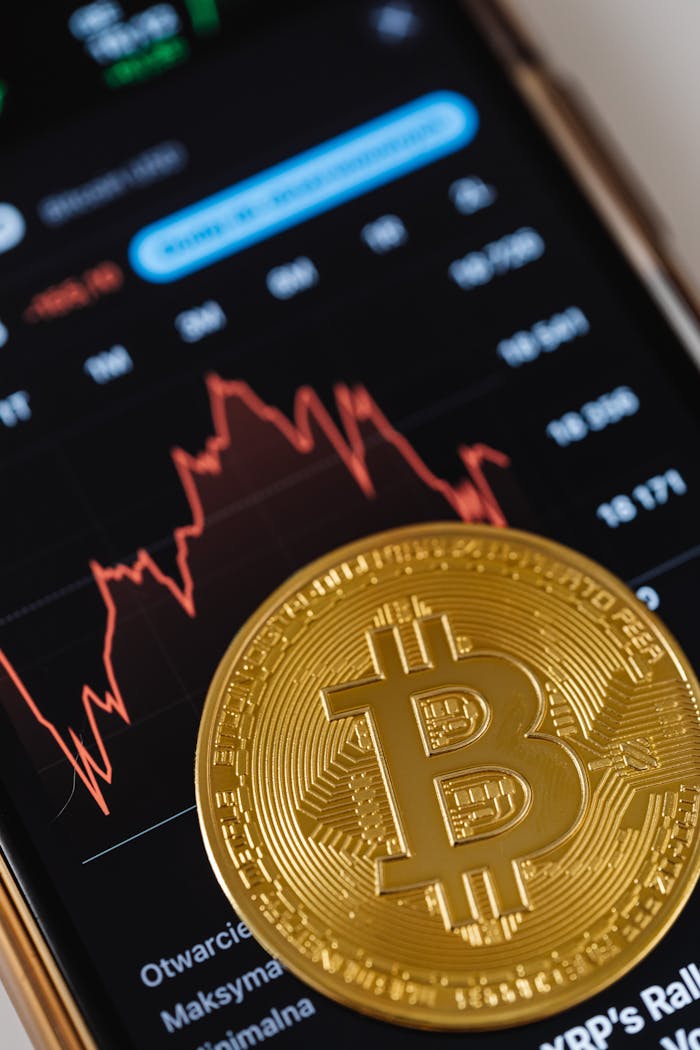 gallery-5 Gold Bitcoin coin on a smartphone showing financial graph, symbolizing digital currency and blockchain trends.